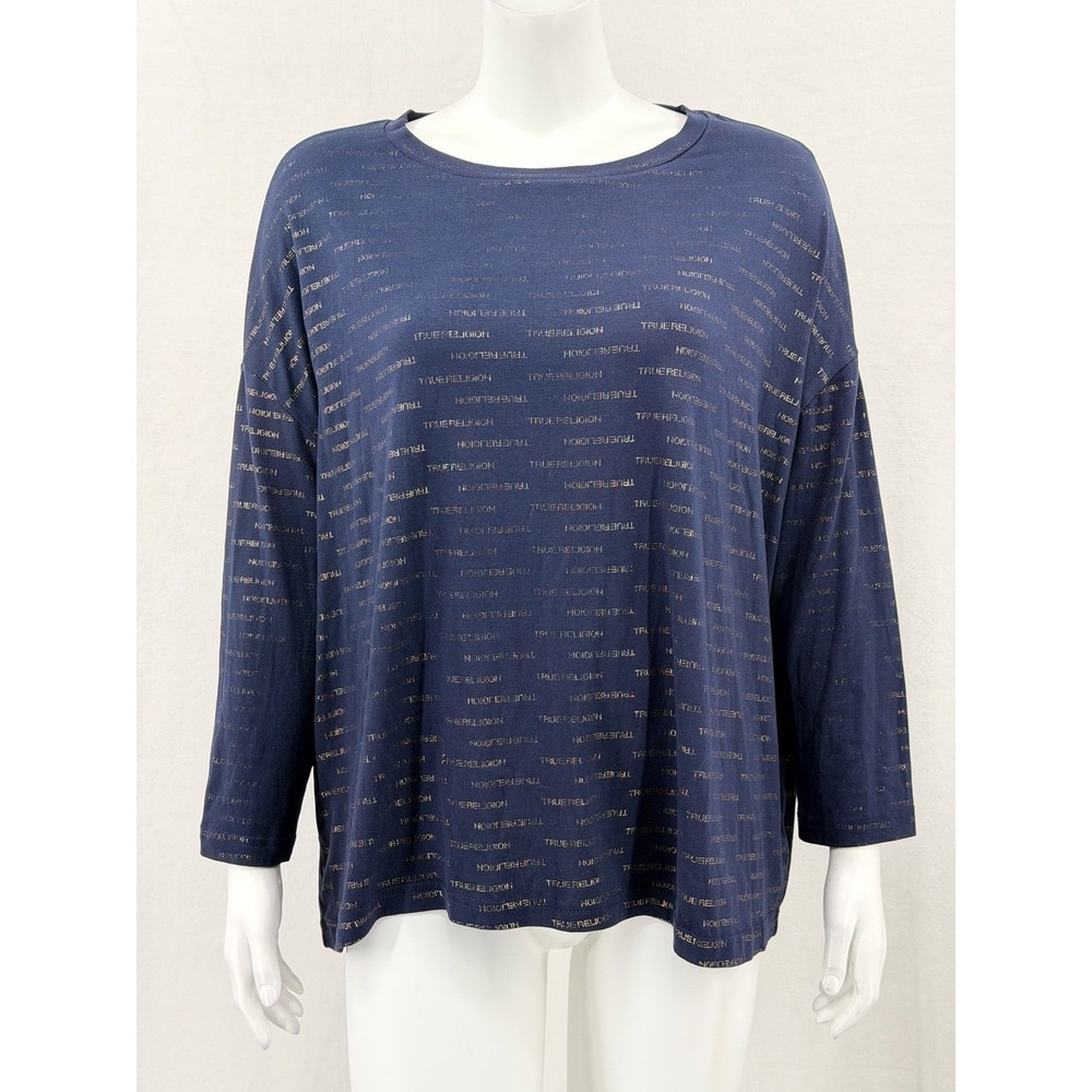 True Religion Top Womens Large Navy Gold Logo Sleep Shirt Stretch Long Sleeve